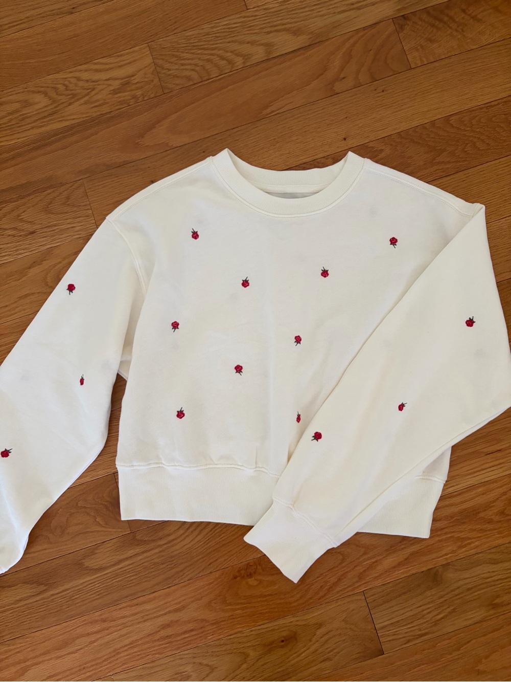 Old Navy White Crewneck Sweatshirt with Red Rose Embroidery